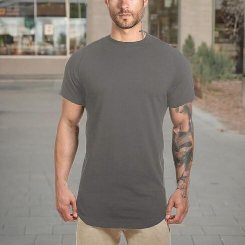 Mens Hipster T Shirts Workout Longline T-Shirt Curved Hem Top Tees Shirt in Saudi Arabia