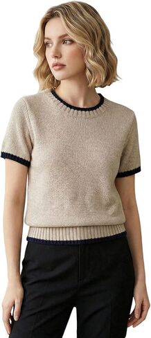 SHENHE Women's Short Sleeve Sweater Crew Neck Color Block Lightweight Knit Sweater Pullover in Saudi Arabia