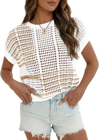 Fisoew Womens Short Sleeve Sweater Summer Striped Crochet Tops Crewneck Cap Sleeve Casual Knit Beach Vacation Vest Tops in Saudi Arabia