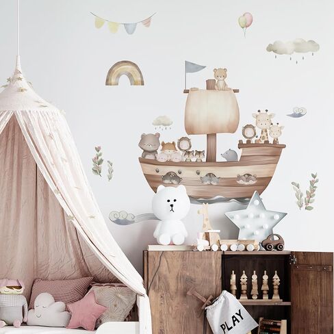 Cartoon Noah's Ark Animal Wall Decal, Lion, Little Bear, Giraffe Boat Animals Wall Stickers Perfect for Your Child's Girls and Boys Bedroom Baby Room Nursery Or Kids Room Ocean Themed Decoration in Saudi Arabia