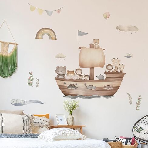 Cartoon Noah's Ark Animal Wall Decal, Lion, Little Bear, Giraffe Boat Animals Wall Stickers Perfect for Your Child's Girls and Boys Bedroom Baby Room Nursery Or Kids Room Ocean Themed Decoration in Saudi Arabia