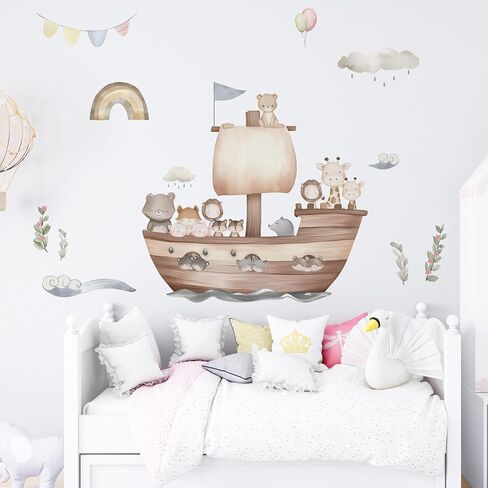 Cartoon Noah's Ark Animal Wall Decal, Lion, Little Bear, Giraffe Boat Animals Wall Stickers Perfect for Your Child's Girls and Boys Bedroom Baby Room Nursery Or Kids Room Ocean Themed Decoration in Saudi Arabia
