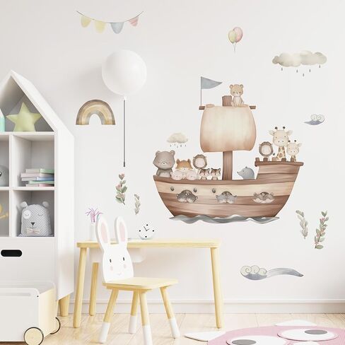 Cartoon Noah's Ark Animal Wall Decal, Lion, Little Bear, Giraffe Boat Animals Wall Stickers Perfect for Your Child's Girls and Boys Bedroom Baby Room Nursery Or Kids Room Ocean Themed Decoration in Saudi Arabia