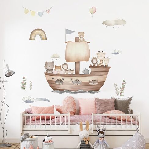 Cartoon Noah's Ark Animal Wall Decal, Lion, Little Bear, Giraffe Boat Animals Wall Stickers Perfect for Your Child's Girls and Boys Bedroom Baby Room Nursery Or Kids Room Ocean Themed Decoration in Saudi Arabia