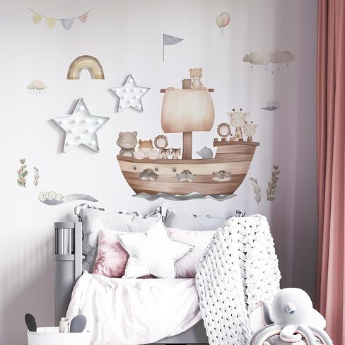 Cartoon Noah's Ark Animal Wall Decal, Lion, Little Bear, Giraffe Boat Animals Wall Stickers Perfect for Your Child's Girls and Boys Bedroom Baby Room Nursery Or Kids Room Ocean Themed Decoration in Saudi Arabia