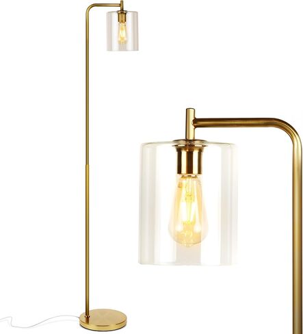 Brightech Elizabeth LED Floor lamp, Tall Lamp with Glass Shade & Edison Bulb, Industrial Lamp for Living Rooms & Offices, Vintage Standing Lamp for Bedroom in Farmhouse or Rustic Style - Gold in Kuwait