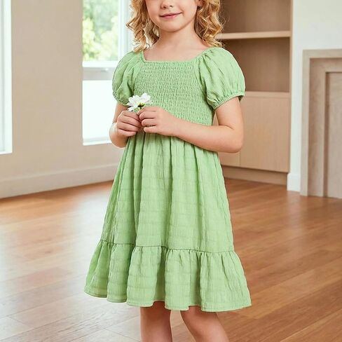 Girls Summer Dress Short Sleeve Square Neck Puff Sleeve Smocked Textured Plaid Tiered Ruffle Hem Casual Party Outfit in Saudi Arabia