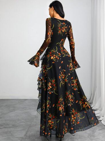GothDark Women's Floral Dress Mesh Sheer Long Sleeve Square Neck Ruffle Layered Elegant Date Night Holiday Party Outfit in Saudi Arabia