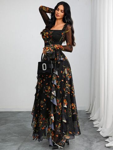 GothDark Women's Floral Dress Mesh Sheer Long Sleeve Square Neck Ruffle Layered Elegant Date Night Holiday Party Outfit in Saudi Arabia