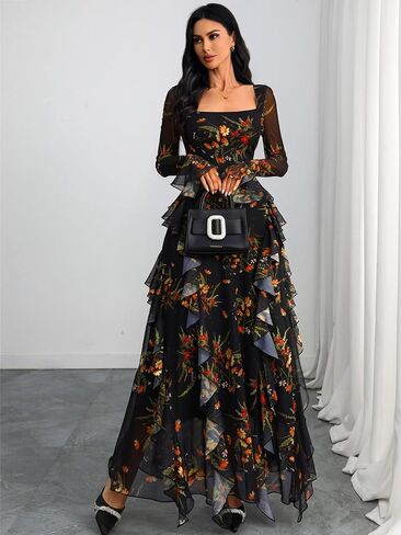 GothDark Women's Floral Dress Mesh Sheer Long Sleeve Square Neck Ruffle Layered Elegant Date Night Holiday Party Outfit in Saudi Arabia