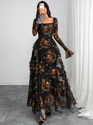 GothDark Women's Floral Dress Mesh Sheer Long Sleeve Square Neck Ruffle Layered Elegant Date Night Holiday Party Outfit in Saudi Arabia