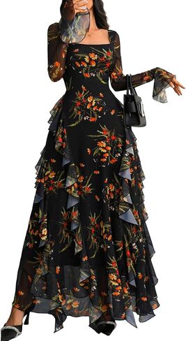 GothDark Women's Floral Dress Mesh Sheer Long Sleeve Square Neck Ruffle Layered Elegant Date Night Holiday Party Outfit in Saudi Arabia