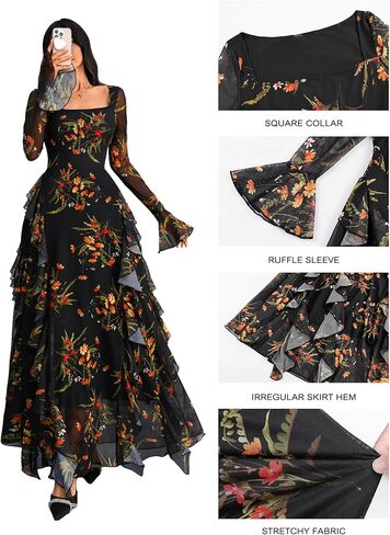 GothDark Women's Floral Dress Mesh Sheer Long Sleeve Square Neck Ruffle Layered Elegant Date Night Holiday Party Outfit in Saudi Arabia