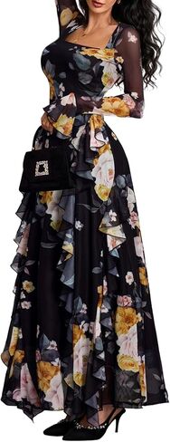 GothDark Women's Floral Dress Mesh Sheer Long Sleeve Square Neck Ruffle Layered Elegant Date Night Holiday Party Outfit in Saudi Arabia