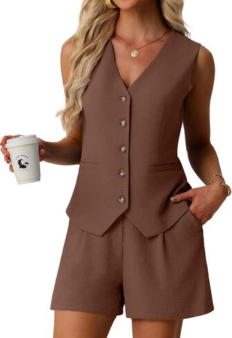 Lepunuo Women's Summer 2 Piece Outfits Sleeveless Button Down V Neck Vest Business Casual Outfits Vacation Travel Sets in Kuwait