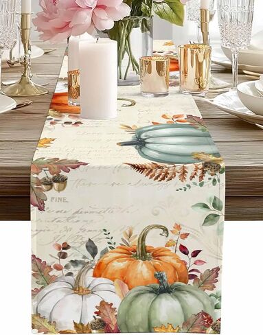 Fall Cotton Linen Table Runner Vintage Fall Orange Green White Pumpkins Table Runners Rustic Fallen Leaves Fall Decor Autumn Thanksgiving Farmhouse Table Runners for Dinning Table -13x90 Inch in Saudi Arabia