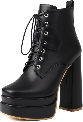 UP2STEP Women Fashion Solid Round Toe Platform Lace Up Chunky Heels with Side Zipper Dress Ankle Boots in Kuwait