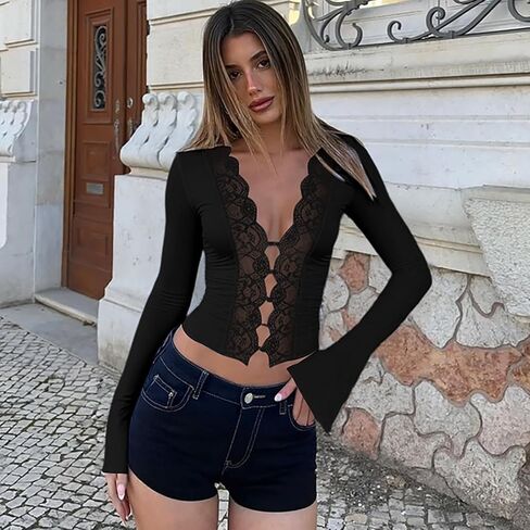 Women Sexy Lace Trim Button Down Cropped Shirt Deep V Neck Long Sleeve Blouse Club Outfits in Saudi Arabia