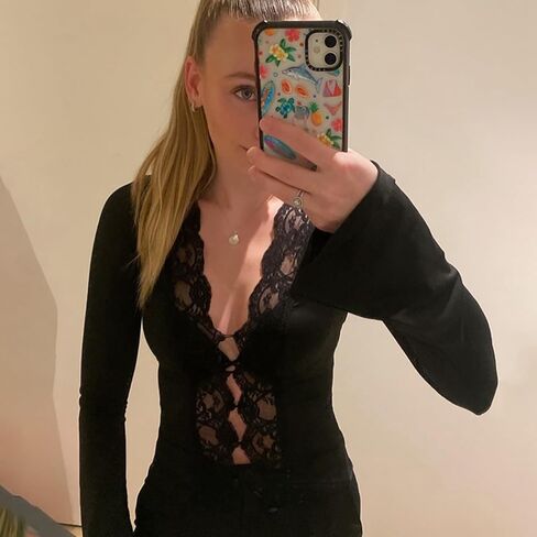 Women Sexy Lace Trim Button Down Cropped Shirt Deep V Neck Long Sleeve Blouse Club Outfits in Saudi Arabia
