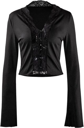 Women Sexy Lace Trim Button Down Cropped Shirt Deep V Neck Long Sleeve Blouse Club Outfits in Saudi Arabia