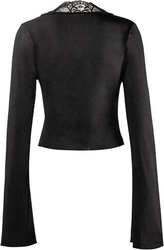 Women Sexy Lace Trim Button Down Cropped Shirt Deep V Neck Long Sleeve Blouse Club Outfits in Saudi Arabia