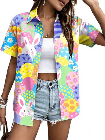 Easter Shirts for Women Cute Bunny Rabbit Graphic Button Down Blouses Happy Easter Short Sleeve Shirt in Kuwait