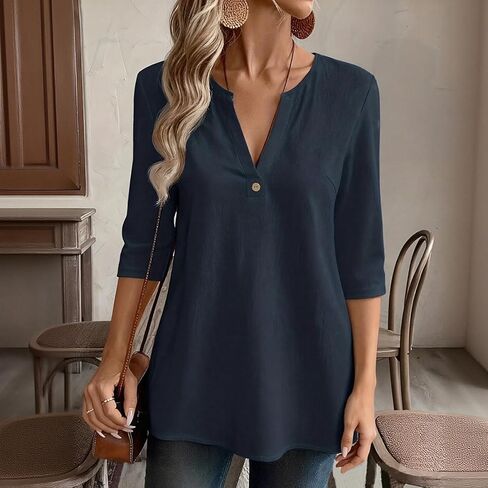 Women's Casual V-Neck Shirt, Loose-Fitting and Simple Long top. in Saudi Arabia