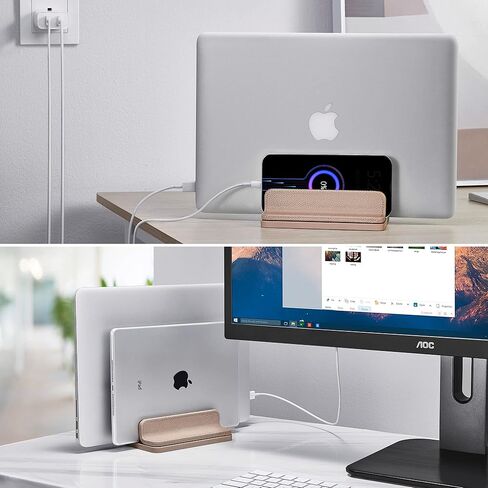 Leather Vertical Laptop Stand,Dual Laptop Holder Stand,Laptop Organizer with Adjustable Dock (18-26mm/0.7-1 in) for All MacBook/Tablet/Surface/Dell/iPad (Apricot) in Kuwait