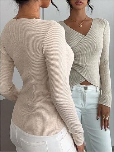 GORGLITTER Women's V Neck Wrap Sweater Long Sleeve Slim Fit Knit Crop Pullover Going Out Fall Tops in Saudi Arabia