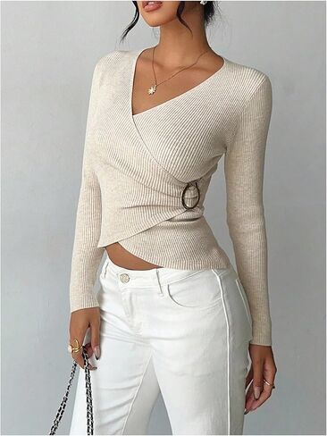 GORGLITTER Women's V Neck Wrap Sweater Long Sleeve Slim Fit Knit Crop Pullover Going Out Fall Tops in Saudi Arabia