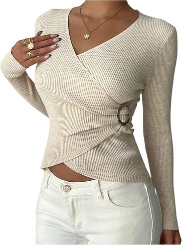 GORGLITTER Women's V Neck Wrap Sweater Long Sleeve Slim Fit Knit Crop Pullover Going Out Fall Tops in Saudi Arabia