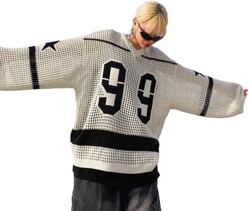 Women's Crochet Sheer Beach Cover Up Oversized Sweater Letter Graphic V Neck Long Sleeve Knit Pullover Tops in Kuwait