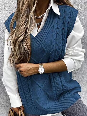 Women's Solid Textured Vneck Sweater Vest Casual Preppy Cable Knit Pullover for Fall & Winter Women's Knitwear for Daily Wear in Saudi Arabia