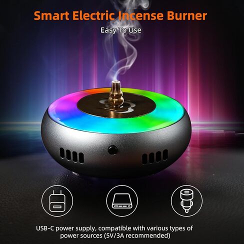 Electric Incense Burner & Essential Oil Diffuser with 5 Modes Smart Flameless Temperature Control Heat - CNC Alu, with RGB Light for Home, Yoga, Meditation, Car with 1 Small Box of Agarwood Chips in Saudi Arabia