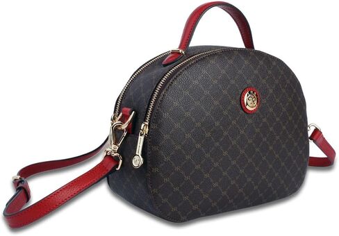 Rioni ST-20503-R Beatrice Dome Double Entry Signature Designer Brown Canvas With Red Leather Trim Small Crossbody Bag Top Handle Handbag in Saudi Arabia