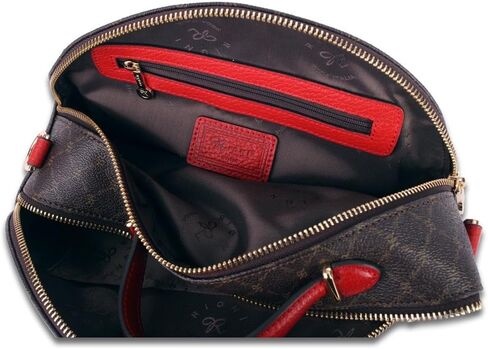 Rioni ST-20503-R Beatrice Dome Double Entry Signature Designer Brown Canvas With Red Leather Trim Small Crossbody Bag Top Handle Handbag in Saudi Arabia