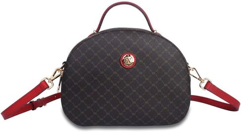 Rioni ST-20503-R Beatrice Dome Double Entry Signature Designer Brown Canvas With Red Leather Trim Small Crossbody Bag Top Handle Handbag in Saudi Arabia
