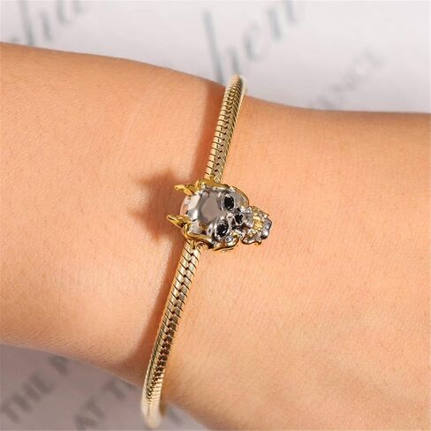 GNOCE Skull Charm Bead Sterling Silver Skull with Golden Halloween Charm Fit Bracelet/Necklace Christmas Gift for Women Wife in Saudi Arabia