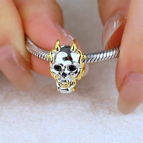 GNOCE Skull Charm Bead Sterling Silver Skull with Golden Halloween Charm Fit Bracelet/Necklace Christmas Gift for Women Wife in Saudi Arabia