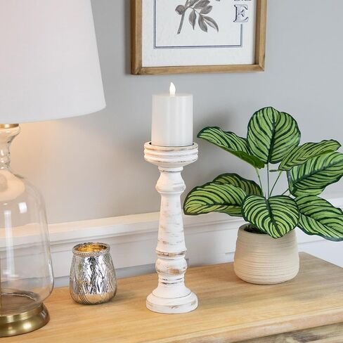 Wooden Spindle Pillar Candle Holder - 12" - Antique White in Saudi Arabia