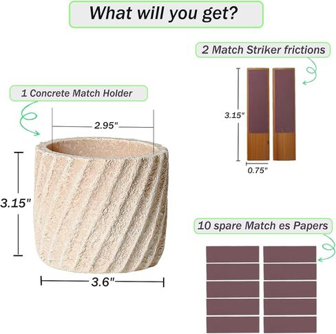 Concrete Match Holder, Decorative Matchbox for Fireplace, Candles, Parlor, Cute Jar for Home Decor Gift, with 2 Match Striker frictions and 10 spare Match es Papers, Matches Not Included in Saudi Arabia