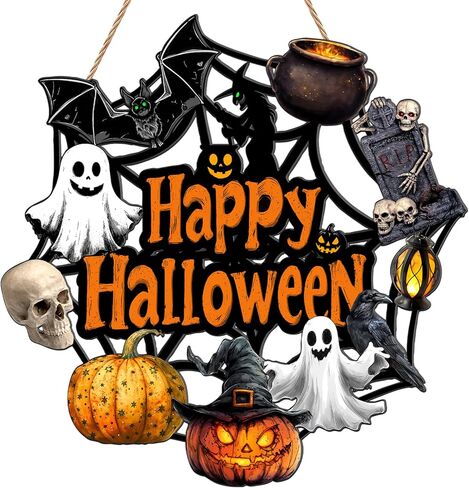 ديكور باب الهالوين إكليل شبح خشبي للباب الأمامي علامة اليقطين الخفافيش الساحرة إكليل معلق لديكور جدار المنزل حفلة الهالوين العرض الداخلي الخارجي in Kuwait