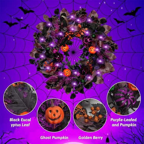 أكاليل الهالوين مقاس 22 بوصة للباب الأمامي مع الأضواء، إكليل اليقطين المضاء مسبقًا، إكليل شبح مخيف مع بريق أرجواني، التوت الذهبي والحلي، ديكورات الهالوين ديكور داخلي وخارجي in Kuwait