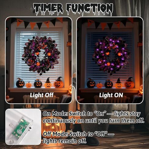 أكاليل الهالوين مقاس 22 بوصة للباب الأمامي مع الأضواء، إكليل اليقطين المضاء مسبقًا، إكليل شبح مخيف مع بريق أرجواني، التوت الذهبي والحلي، ديكورات الهالوين ديكور داخلي وخارجي in Kuwait