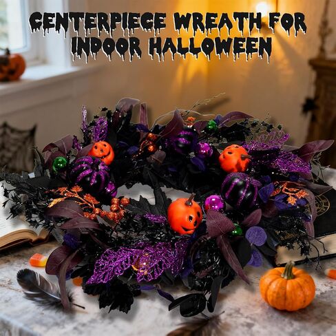 أكاليل الهالوين مقاس 22 بوصة للباب الأمامي مع الأضواء، إكليل اليقطين المضاء مسبقًا، إكليل شبح مخيف مع بريق أرجواني، التوت الذهبي والحلي، ديكورات الهالوين ديكور داخلي وخارجي in Kuwait