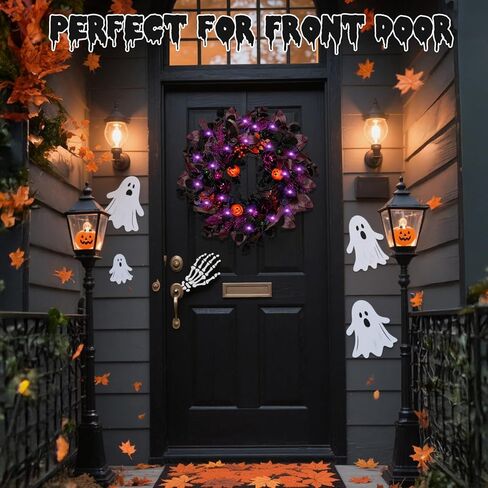 أكاليل الهالوين مقاس 22 بوصة للباب الأمامي مع الأضواء، إكليل اليقطين المضاء مسبقًا، إكليل شبح مخيف مع بريق أرجواني، التوت الذهبي والحلي، ديكورات الهالوين ديكور داخلي وخارجي in Kuwait