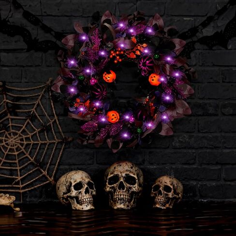 أكاليل الهالوين مقاس 22 بوصة للباب الأمامي مع الأضواء، إكليل اليقطين المضاء مسبقًا، إكليل شبح مخيف مع بريق أرجواني، التوت الذهبي والحلي، ديكورات الهالوين ديكور داخلي وخارجي in Kuwait