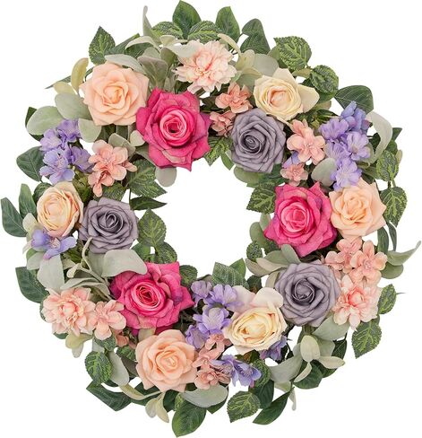 wwnira 22 بوصة إكليل الربيع والصيف للباب الأمامي، أرجواني ورمادي شامبانيا الورود مع الدالياس الوردي، الكوبية، الزهور البرية الأرجواني، أوراق الأوكالبتوس الأذن الخروف لشرفة الجدار نافذة ديكور المنزل in Kuwait