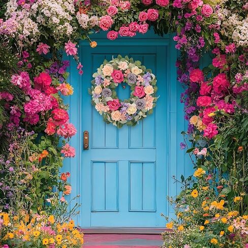 wwnira 22 بوصة إكليل الربيع والصيف للباب الأمامي، أرجواني ورمادي شامبانيا الورود مع الدالياس الوردي، الكوبية، الزهور البرية الأرجواني، أوراق الأوكالبتوس الأذن الخروف لشرفة الجدار نافذة ديكور المنزل in Kuwait