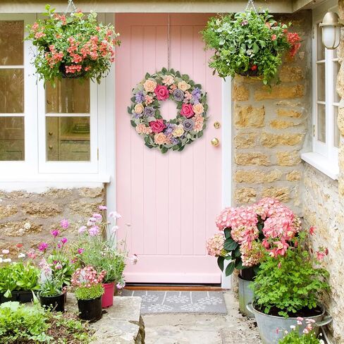 wwnira 22 بوصة إكليل الربيع والصيف للباب الأمامي، أرجواني ورمادي شامبانيا الورود مع الدالياس الوردي، الكوبية، الزهور البرية الأرجواني، أوراق الأوكالبتوس الأذن الخروف لشرفة الجدار نافذة ديكور المنزل in Kuwait